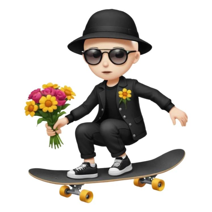 ["A sad boy with pale skin, bald, wearing a sunhat and sunglasses, dressed in goth fashion, is skateboarding while holding a flower bouquet."] sticker