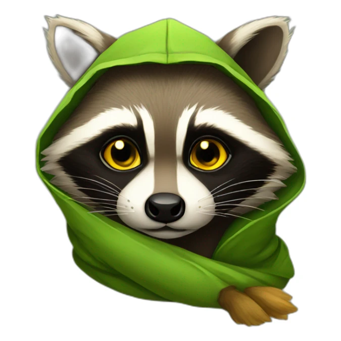 brown raccoon with yellow eyes and a green hood that sadly sticker