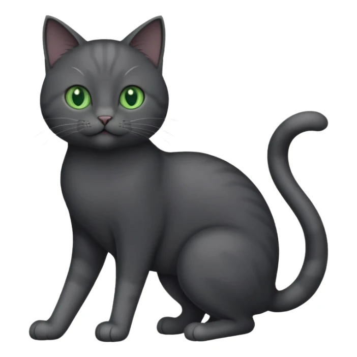 full body gorgeous solid dark grey cat with green eyes, white paws and white whiskers playing sticker