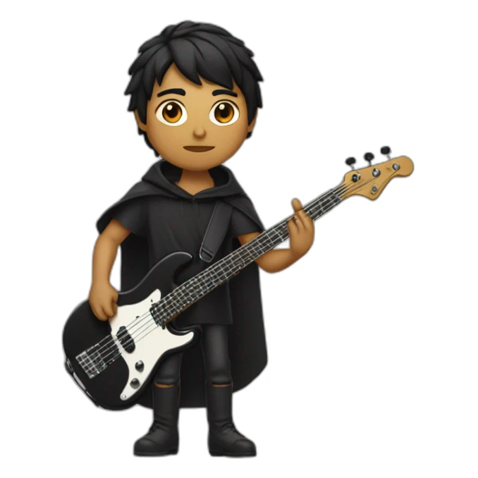 Poncho de Negris, very strong, short black hair, wearing a black shirt, playing electric bass sticker