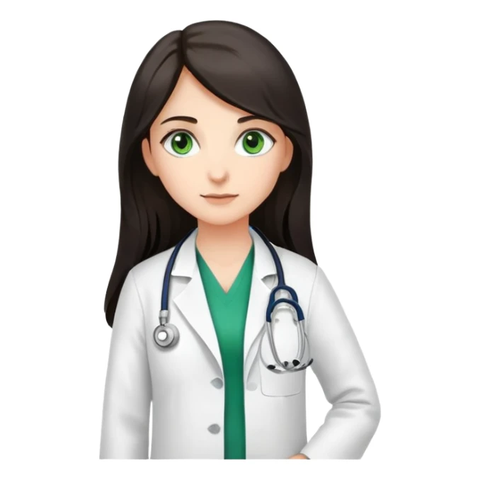 Make a girl with long dark hair, green eyes and a white doctors coat with a scope around her neck that says PA above the breast plate ￼ sticker