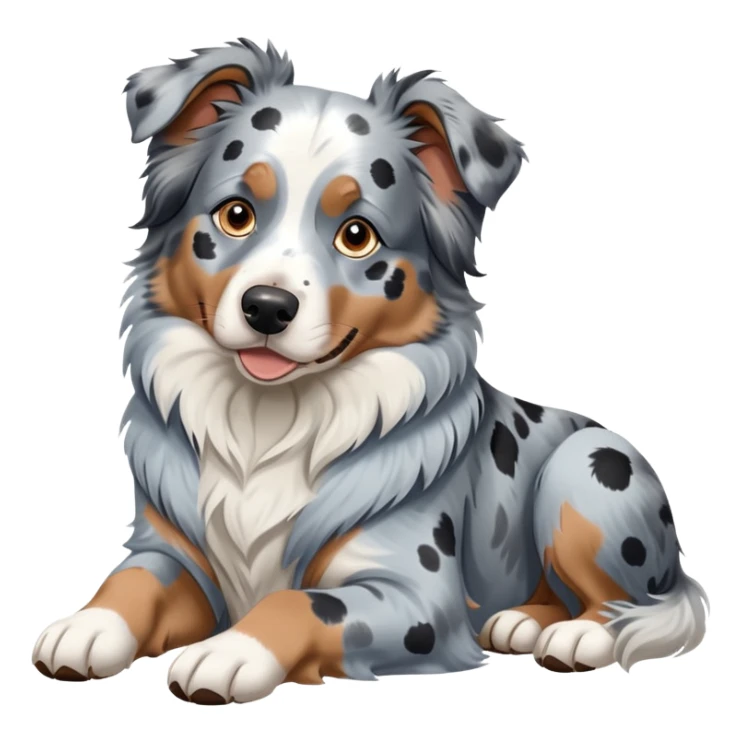 Merle Australian Shepherd dog laying down, blue merle coat with white and black spots, relaxed pose sticker