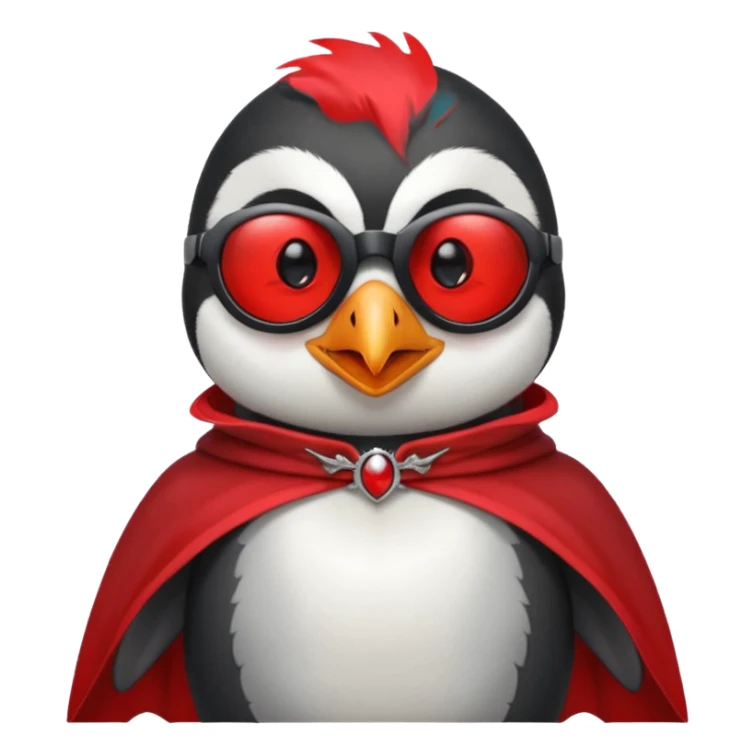 Vampire animal, penguin  in red collar cloak, red eye, fangs, sunglasses sticker