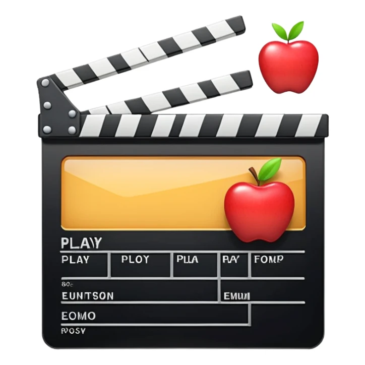 storefront with film clapperboard and play button, cheerful look, apple style emoji sticker