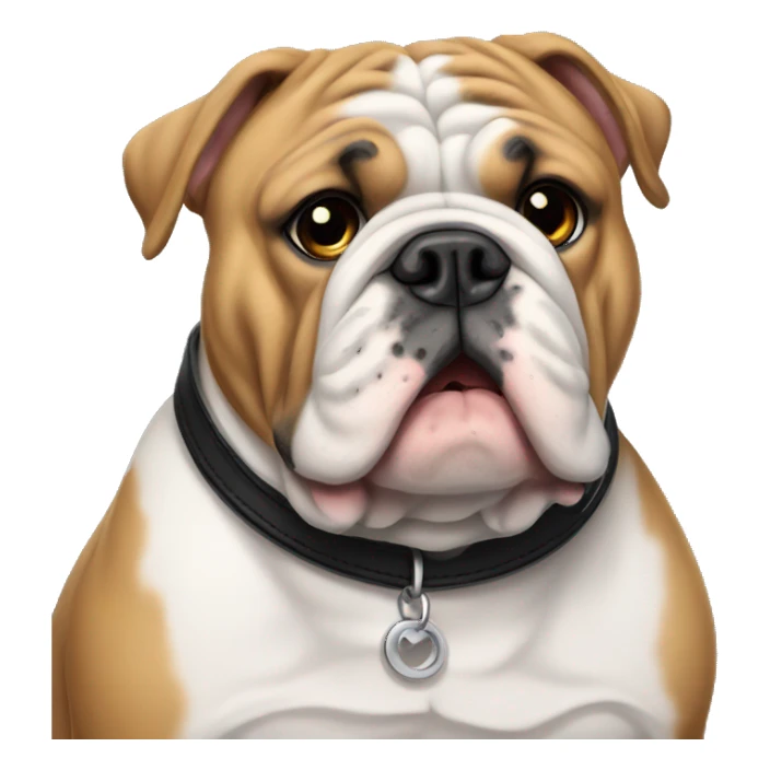 An English bulldog with a black collar sticker