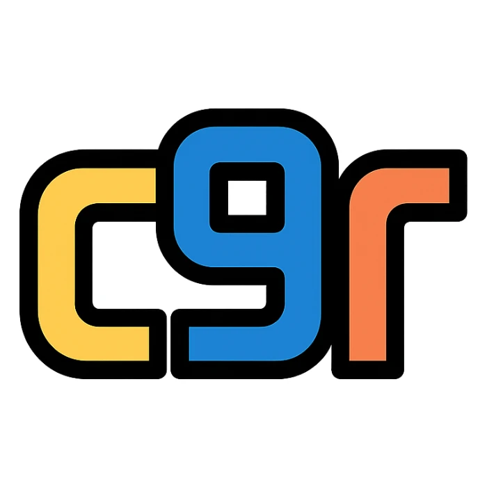 minimal emoji with 'c9r' in bold futuristic font evoking tech software vibe sticker