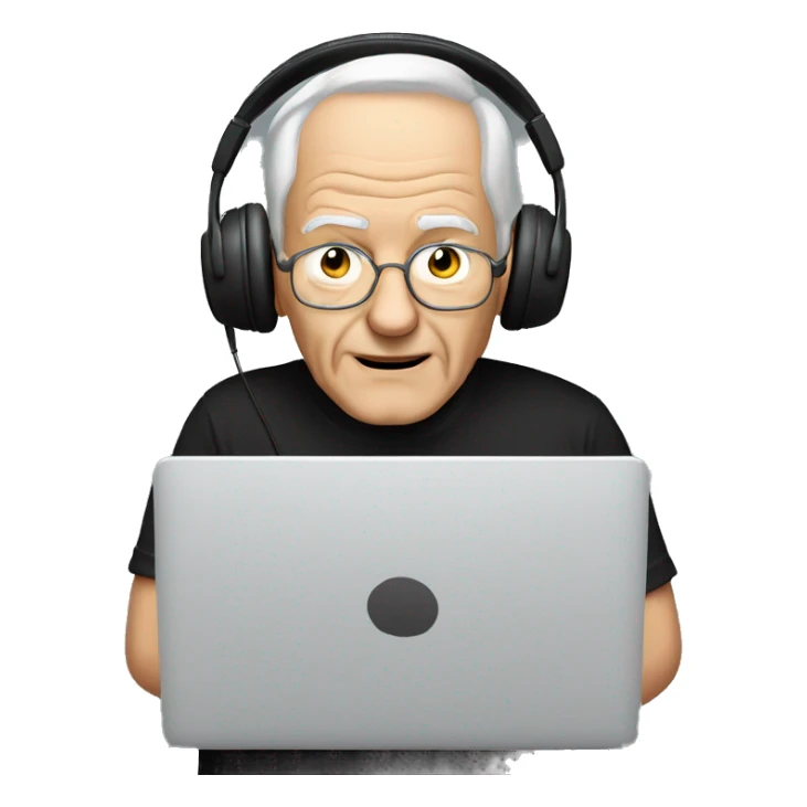 old man in black t-shirt playing on PC with heaset   sticker