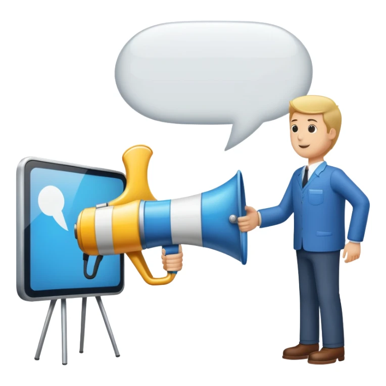 An icon featuring a megaphone, a billboard, and a handshake, symbolizing advertising and public relations. The design includes a speech bubble and media icons, representing communication and brand messaging. Transparent background highlights the influence of PR and marketing strategies. sticker