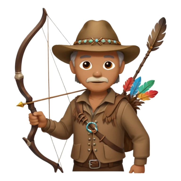 The classic image of a middle-aged uncle hunter carrying a bow, dressed in brown clothes, with some ornaments made of feathers, bones or teeth on his body. sticker