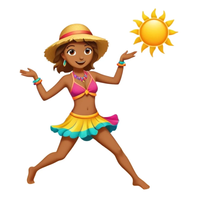 Colorful beach character dancing on sand with sun and ocean, highlighted sticker