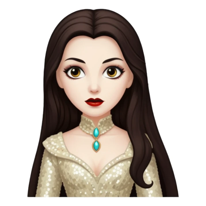 Countess Dracula with long dark brown hair, cream sequin outfit  sticker