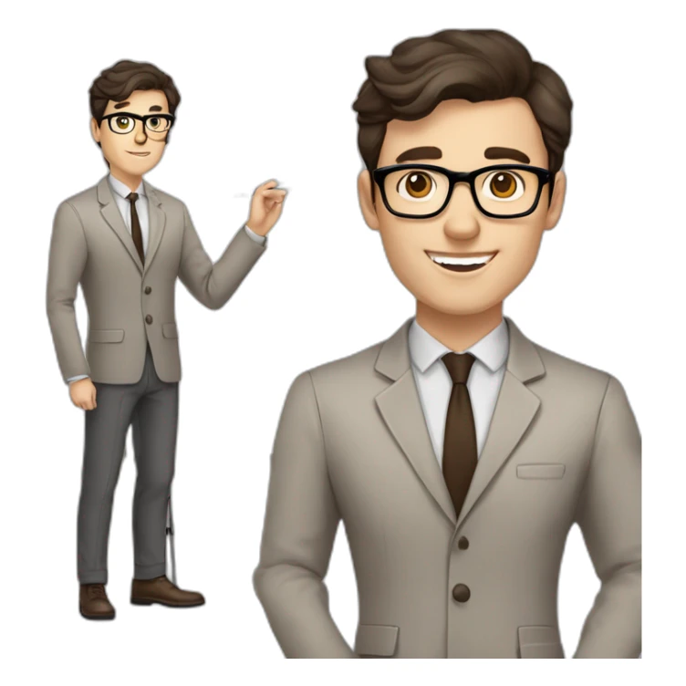 Pale skinned fit man with dark brown hair in gray jacket, beige office shirt, brown tie, brown pants and vintage glasses Writing on the flipchart sticker