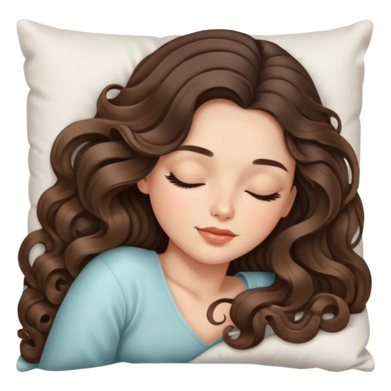 beautiful brunette with a light balayage white girl with nice curls/defined waves, very long hair, clean girl makeup SLEEPING ON A PILLOW sticker