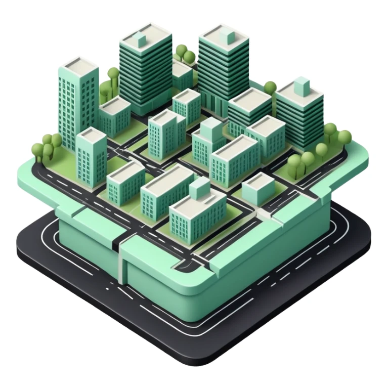 Urbanisme & Aménagement (Urban Planning), 3D technical icon with black and mint green (#B5F4D3), detailed zoning plan with cross-sections and regulatory boundaries sticker
