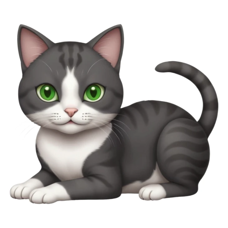 beautiful female solid dark grey cat with green eyes, white toes/paws and white patch on her chest rolling over sticker