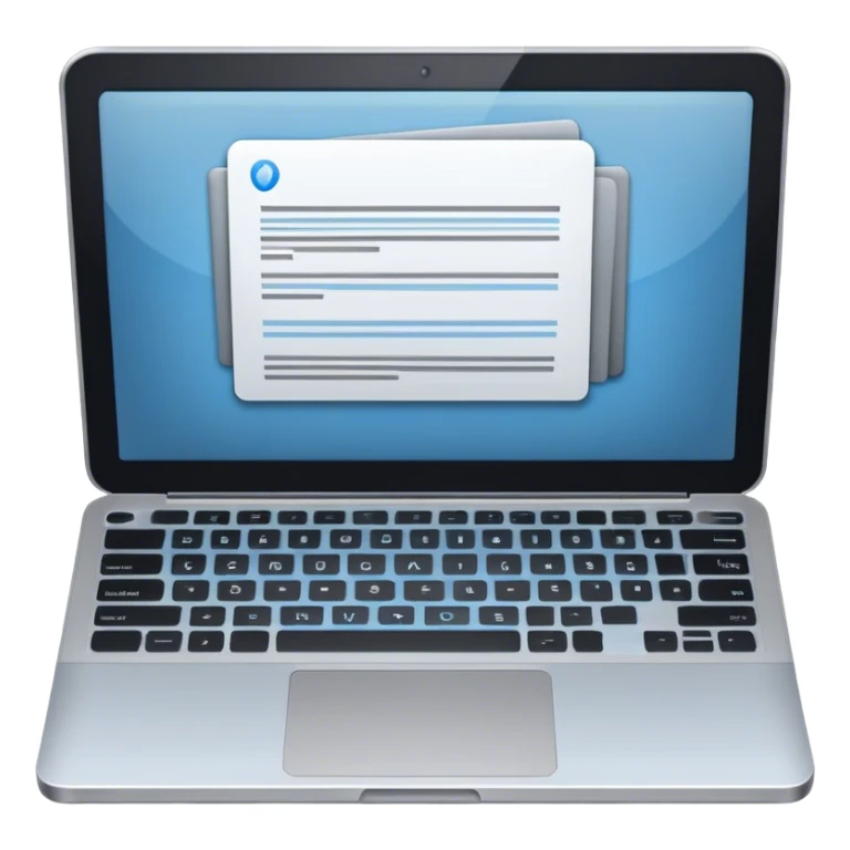 Create an emoji representing blogging. The design should feature an open laptop or tablet with a visible blog post on the screen. Use professional colors like blue, gray, and black. Make the background transparent. sticker