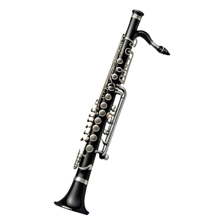 Create a sleek and professional emoji representing a black standard clarinet. The design should feature a smooth, glossy black body of the clarinet with shiny, silver keys clearly visible. Highlight the intricate details of the mouthpiece and reed at the top, while the body of the instrument should remain simple and elegant. Add subtle musical notes or soundwaves floating around the instrument to symbolize its clear, melodic sound. Use black for the body, silver for the keys, and soft lighting effects to give the instrument a polished, sophisticated look. The background should be transparent. sticker