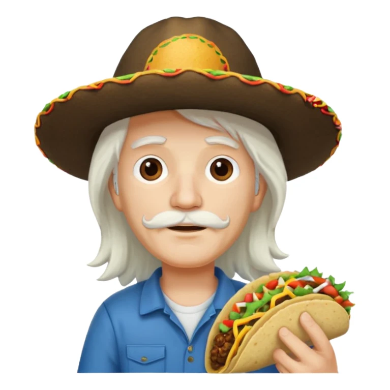 man holding taco with long white hair and cap sticker