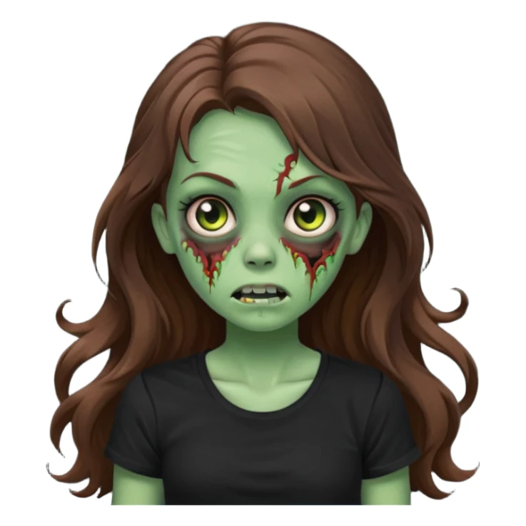 crie uma garotazoombie cabelo ondulado 2c longo castanho castanho comprido e blusa básica preta sem nada com pele esverdeada com rosto fofo  sticker