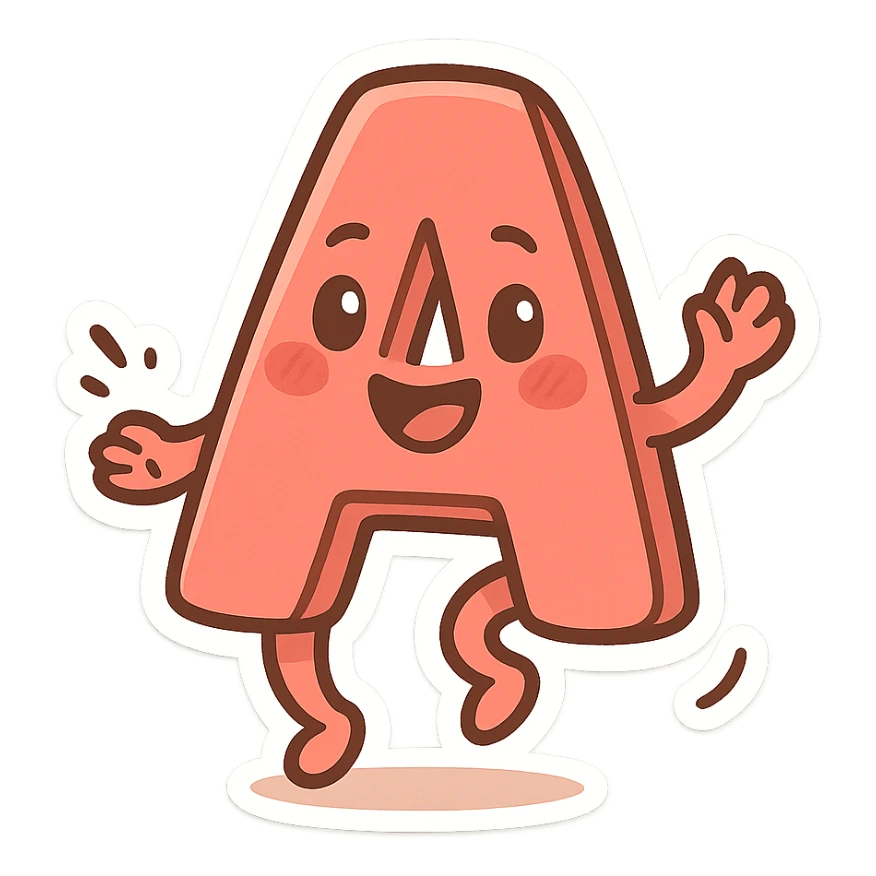 letter A with funny facial expression, dancing, cartoon style, transparent background sticker