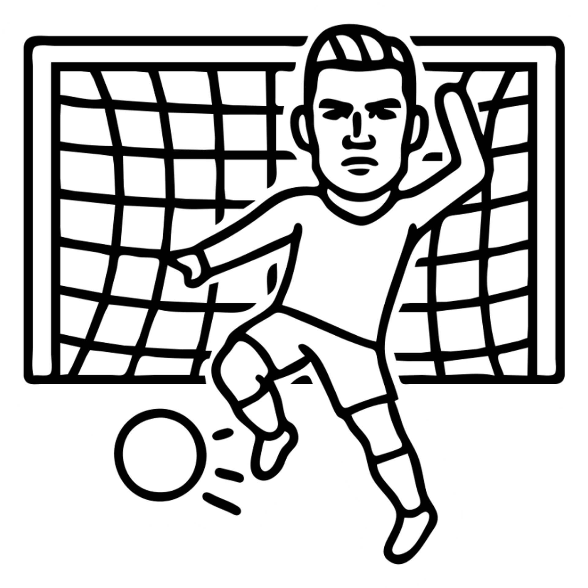 Transform the soccer player into Cristiano Ronaldo, emphasizing his facial features and dramatic pose, keeping the bold outlines and net rippling. sticker