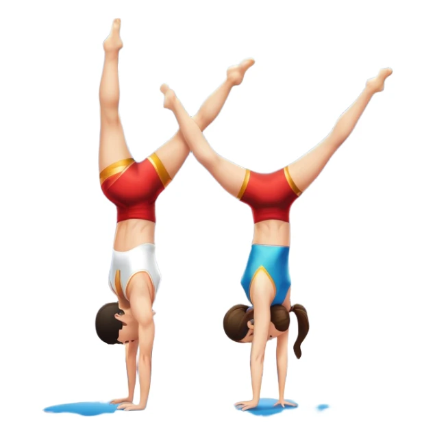 A skilled acrobat performing a handstand with perfect balance, while another acrobat gracefully flips in the air, showcasing their strength and precision. The background features a large gymnasium with bright lights and cheering audience, symbolizing adult acrobatics as a coordinated sport. sticker