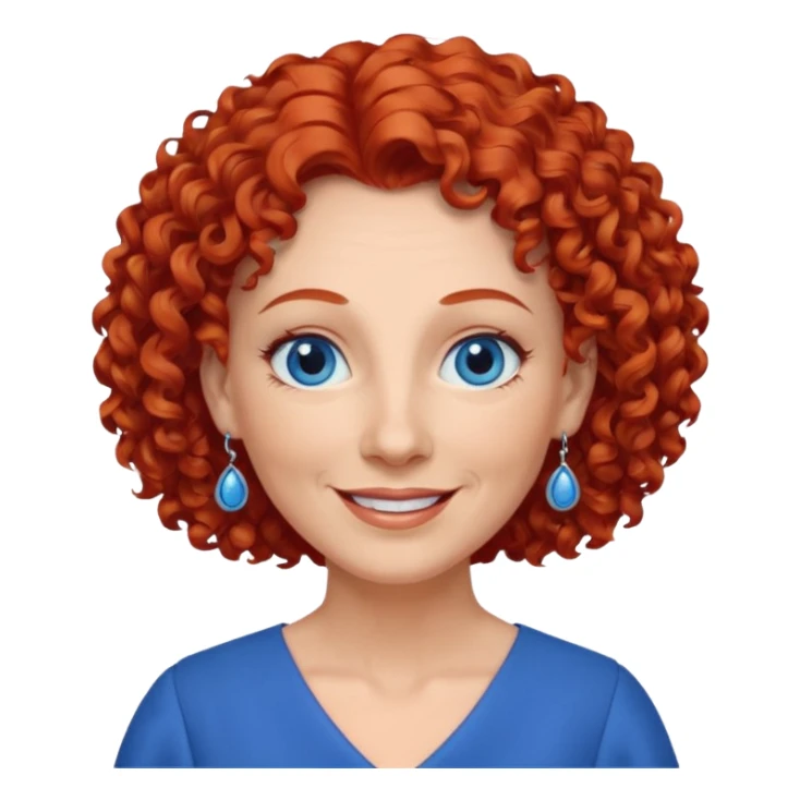 una profesora mayor simpática con el pelo rojo rizado, ojos azules, vestido azul y pendientes azules hablando sticker