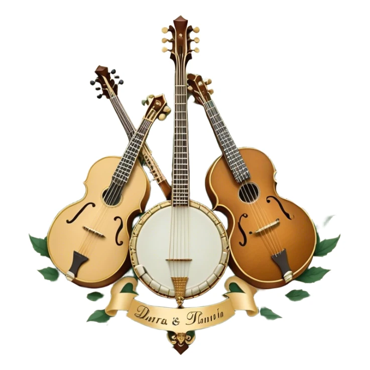 Create an intricate, festive, and emblematic emoji symbolizing plucked string instruments. The design should resemble a regal crest, featuring instruments like a banjo, mandolin, domra, sitar, and other plucked strings, arranged symmetrically in an ornate composition. Their necks and strings should elegantly intertwine with a flowing ribbon of musical notes, wrapping gracefully around the instruments. The overall shape should be grand and balanced, evoking a sense of tradition and celebration. Use a rich and refined color palette with gold, deep mahogany, and vibrant accents, adding intricate wood textures, decorative inlays, and metallic tuning pegs for a professional, polished look. The background should be transparent, making the emblem stand out as an independent artistic mark sticker
