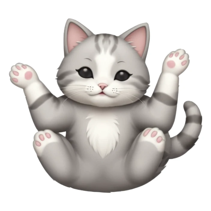 grey and white small cat with eyes closed lying down upside down with paws stretched out straight in different directions sticker