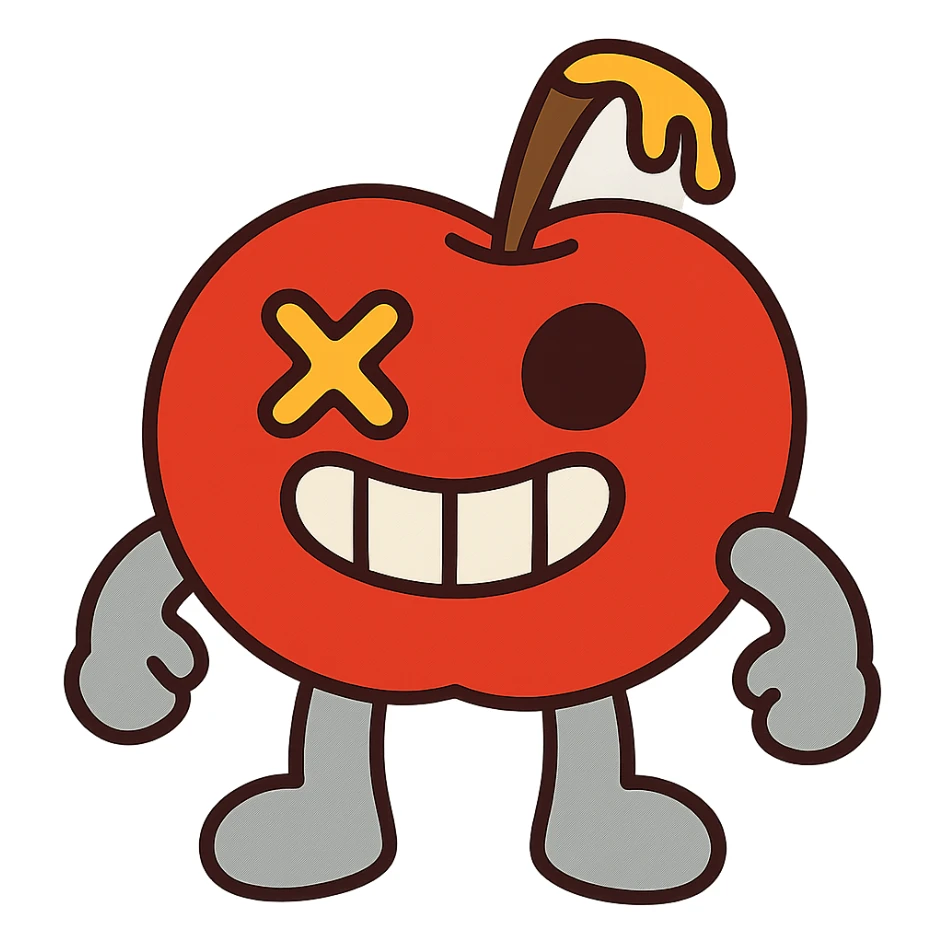 plush apple character with light grey limbs, left eye is an X, ichor coming out of stem without leaf, wide grin sticker