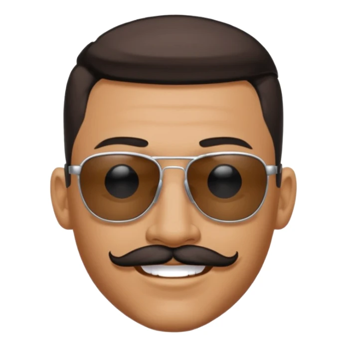 A tan skinned guy with a mustache and goatee wearing sunglasses looking serious but also smiling with his hair shiny and slicked back, with a tear drop black tattoo on the side of his eye sticker