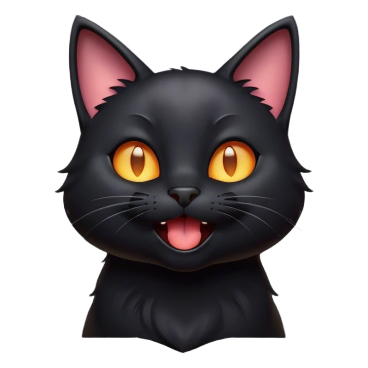 Cinematic Cute Black Cat Portrait Emoji, Head tilted playfully and yawning, sleek black fur with subtle hints of dark gray, Simplified yet adorable features, highly detailed, glowing with a warm, friendly glow, high shine, curious and affectionate, stylized with a touch of whimsy, bright and alert, soft glowing outline, capturing the essence of a mischievous yet loving kitten, so endearing it feels like it could leap out of the screen and stretch! sticker