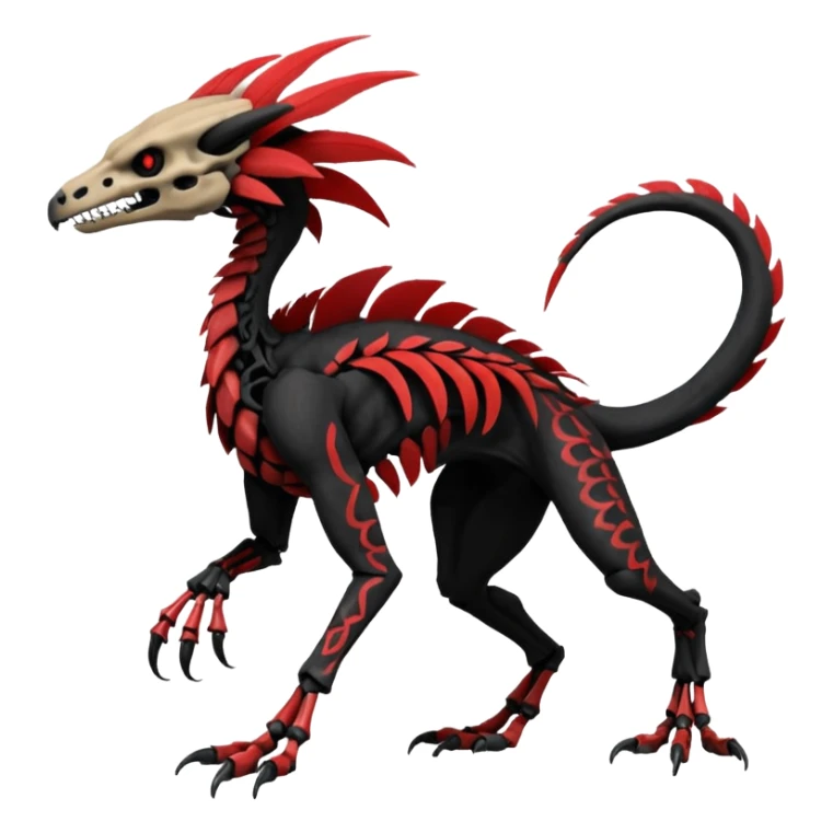 Rare realistic dark edgy evil tribal patterned red-feathered skeletal badass epic handsome gorgeous aesthetic black-skulled Vernid-Trico-Sergal-Salandit-Nargacuga-species-Fakemon-creature by LiLaiRa, 4 legs, 1 tail, random markings, (full body) long ears sticker