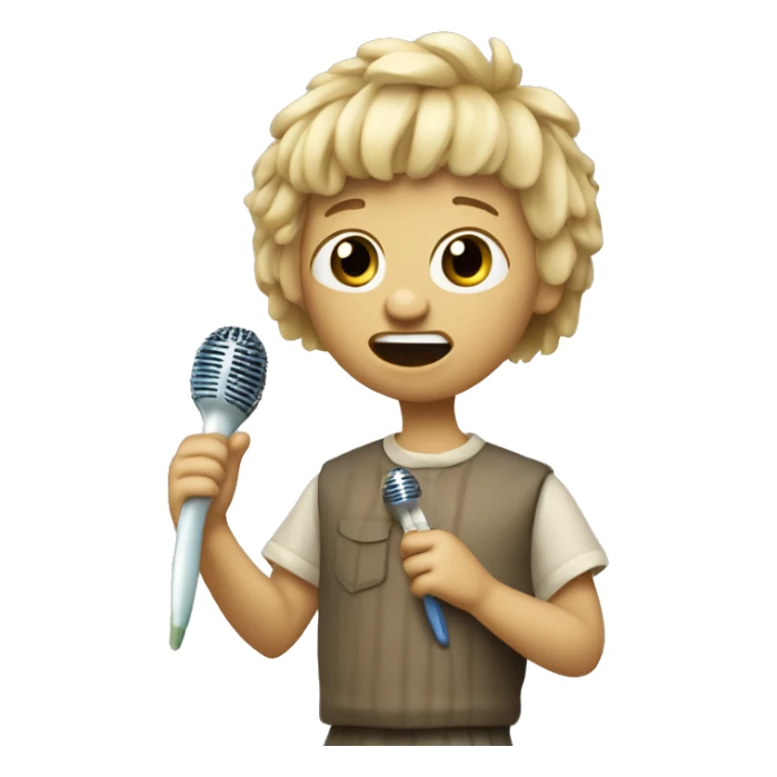 Blonde neathanderal with bowlcut holding a toothbrush like a microphone, singing, wearing normal clothes sticker