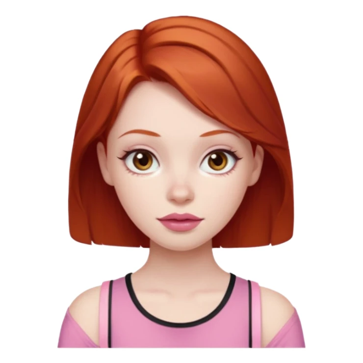 Redhead girl with deep brown eyes, pale skin with light red lips wearing a pink strap shirt sticker