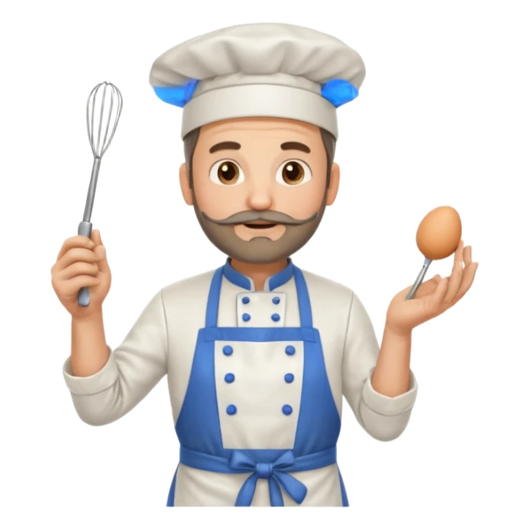Middle aged male pastry chef - with a small beard, apron, white hat, holding an egg beater in his right hand, and his left hand naturally hanging down to his side sticker