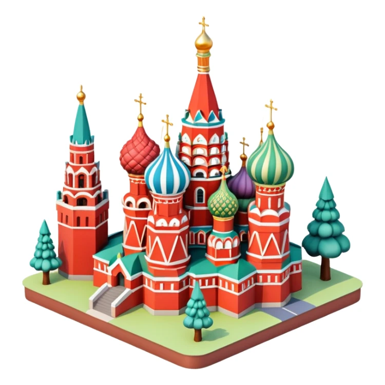 Isometric illustration of Moscow, featuring Saint Basil's Cathedral with its colorful onion domes, Red Square elements, and toy-like trees around, in miniature diorama style, soft shadows and pastel colors. sticker