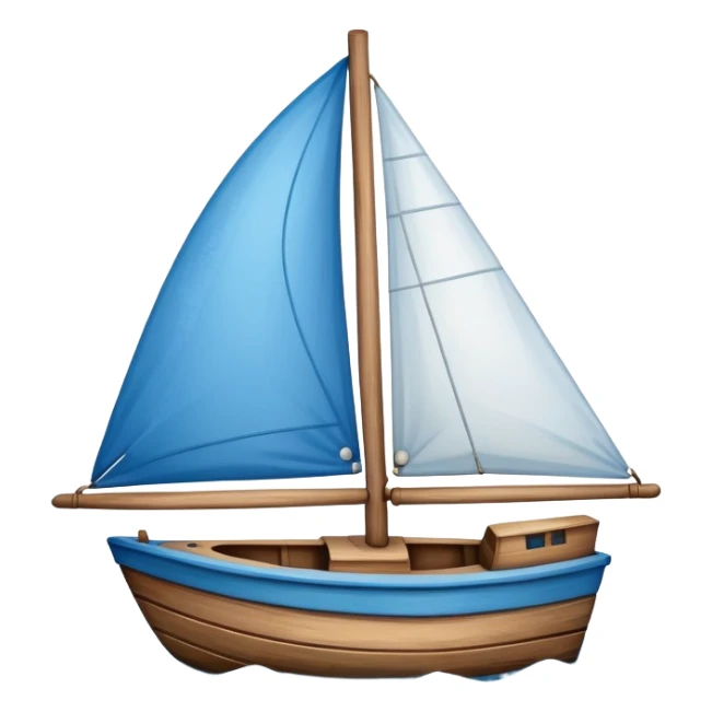 A small blue sailboat with a happy smiling face on the front sticker
