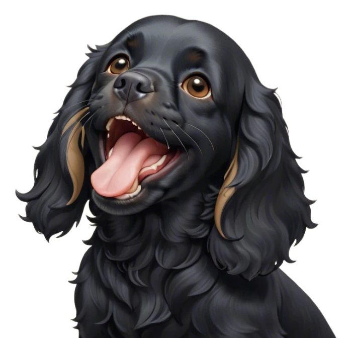Cinematic Cute Yawning Black Cocker Spaniel Portrait Emoji, Head tilted slightly with a dramatic, wide-open yawn, showcasing a sleek black coat with subtle tan highlights, floppy ears slightly drooping, round dark eyes barely open in drowsy contentment, Simplified yet irresistibly adorable features, highly detailed, glowing with a soft, cozy glow, high shine, relaxed yet expressive, stylized with a touch of whimsy, bright and endearing, soft glowing outline, capturing the essence of a sleepy yet affectionate companion, so drowsy it feels like it could stretch out of the screen and curl up for a nap! sticker