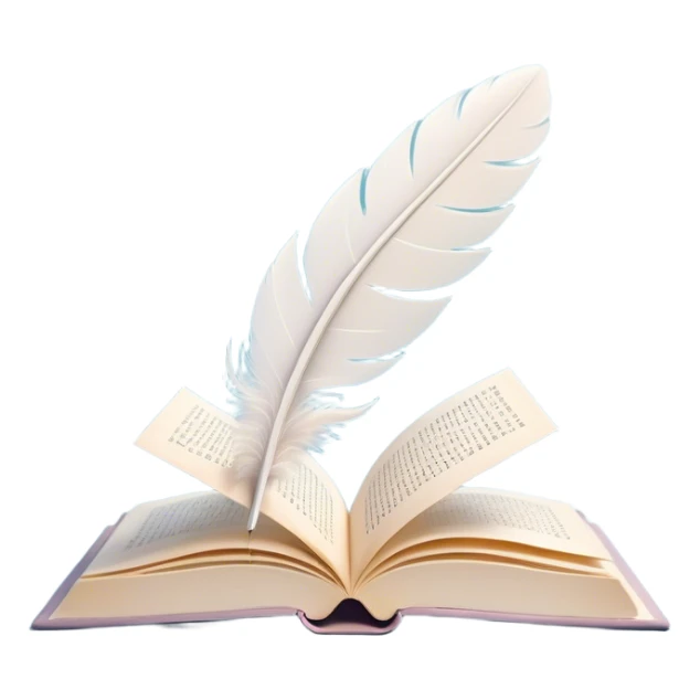 Create a delicate and poetic emoji representing poetry. The design should feature several elegantly flying pages with short poetic columns written on them. The pages should appear light and flowing, almost as if being carried by the wind. Include a white feather gently resting on the pages, symbolizing creativity and inspiration. Use soft, pastel tones to give it a dreamy, artistic feel. The design should feel ethereal and whimsical, capturing the essence of poetry. Make the background transparent. sticker