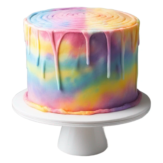 Realistic 5 layered pastel tie dye cake on cake stand with icing tool. sticker