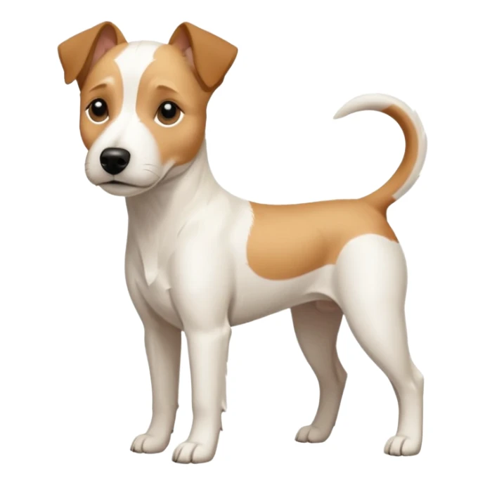 a full body facing front on of a buff white parson russell terrier looking dog the size of a kelpie with light brown long ears resting on its face and a light brown patch above one eye and a large snout. the rest of the dog is completely white.  sticker