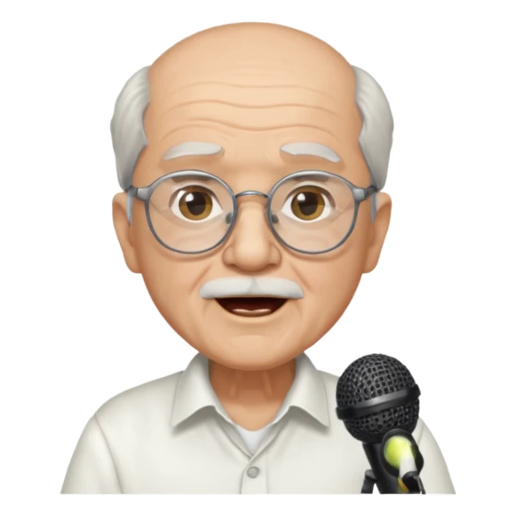 singer, Old man, singing to mic, white shirt glasses sticker
