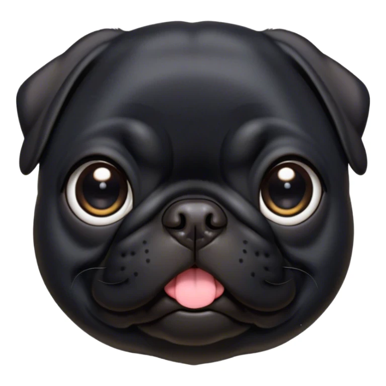 Cinematic Cute Black Pug Portrait Emoji, Head tilted playfully and inquisitively, featuring a glossy black coat with a smooth finish, round, sparkling dark eyes filled with curiosity, Simplified yet irresistibly adorable features, highly detailed, glowing with a warm, friendly glow, high shine, affectionate and lively, stylized with a touch of whimsy, bright and endearing, soft glowing outline, capturing the essence of a mischievous yet loving pup, so playful it feels like it could bounce out of the screen and into your arms! sticker