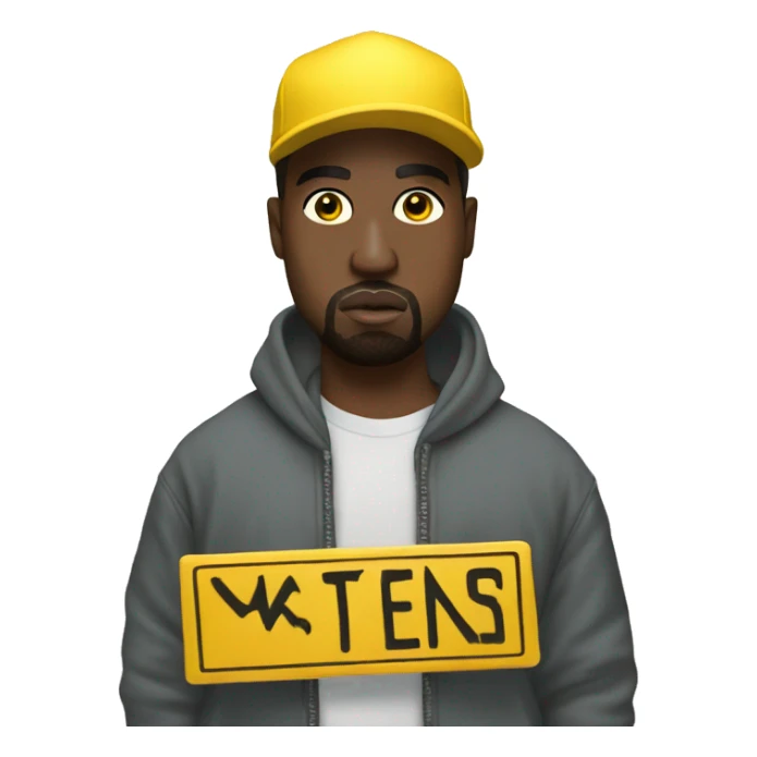 Kanye west holds a yellow sign with sticker