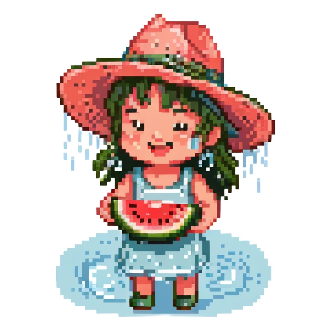happy kid with a wide-brimmed hat enjoying watermelon, river sparkles, water droplets, pixel art, summer scene sticker