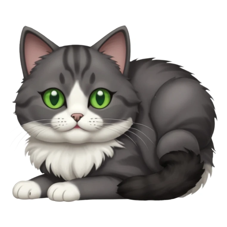 dark grey cat with green eyes, white toes/paws and white patch on her chest playfully rolling upside down sticker