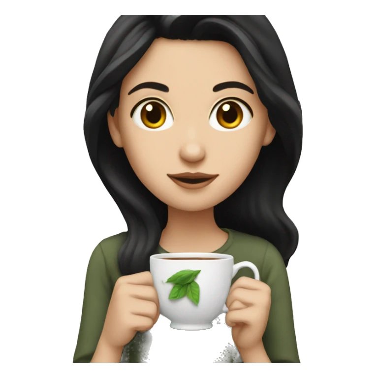 White girl with black hair holding tea sticker