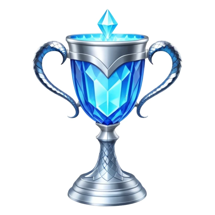movie-accurate Triwizard Cup trophy from Harry Potter, identical to film prop, wide silver goblet with angular geometric facets, two large curved silver snake handles on opposite sides, bright ethereal blue glow sticker