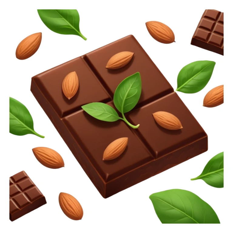 Relaxed body silhouette surrounded by floating food: several large, shiny dark chocolate squares prominently featured, along with spinach leaves, almonds, and seeds. Gentle light connecting these foods to muscles and nervous system, creating a calming effect throughout the body. sticker